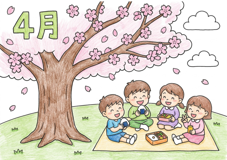 4月・お花見の塗り絵イラスト｜桜の下の子供たち 春の行事向け 無料ダウンロード（塗り絵フリー画像素材）