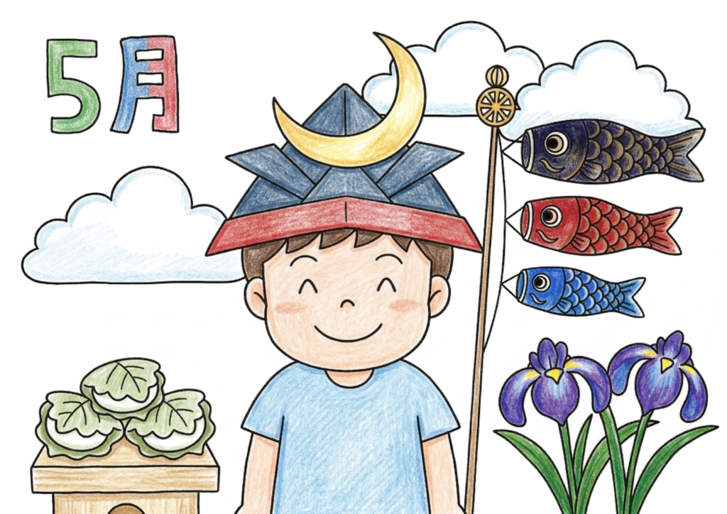 こどもの日の塗り絵 カラー見本 兜・鯉のぼり・菖蒲・かしわ餅 端午の節句