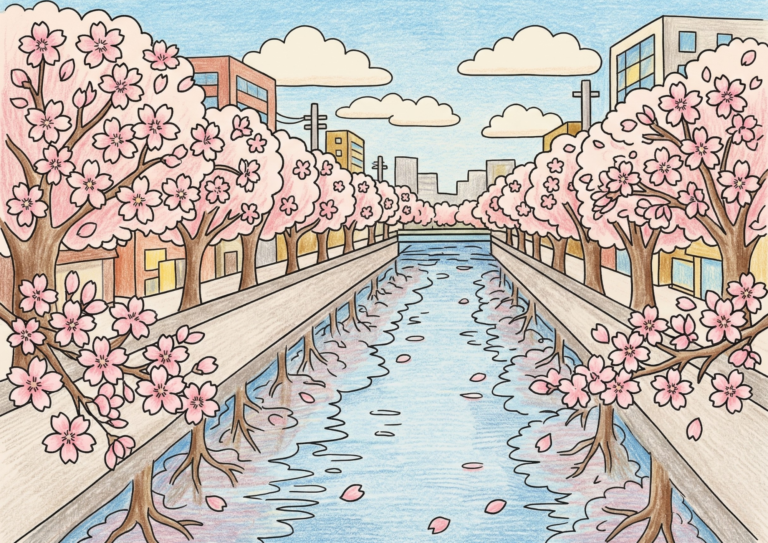 目黒川の桜並木の塗り絵イラスト｜東京の春の風景 大人・高齢者向け 無料ダウンロード（塗り絵フリー画像素材）