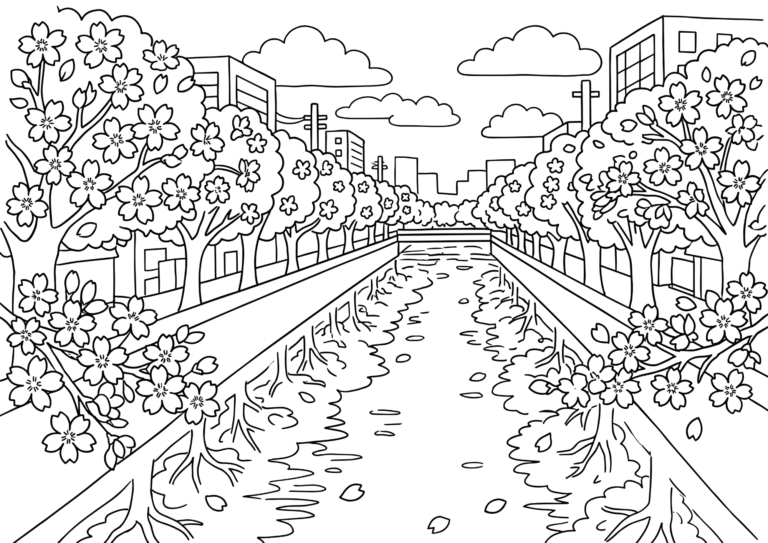 Meguro River cherry blossoms coloring page - black and white line art, riverside cherry trees and city high-rises