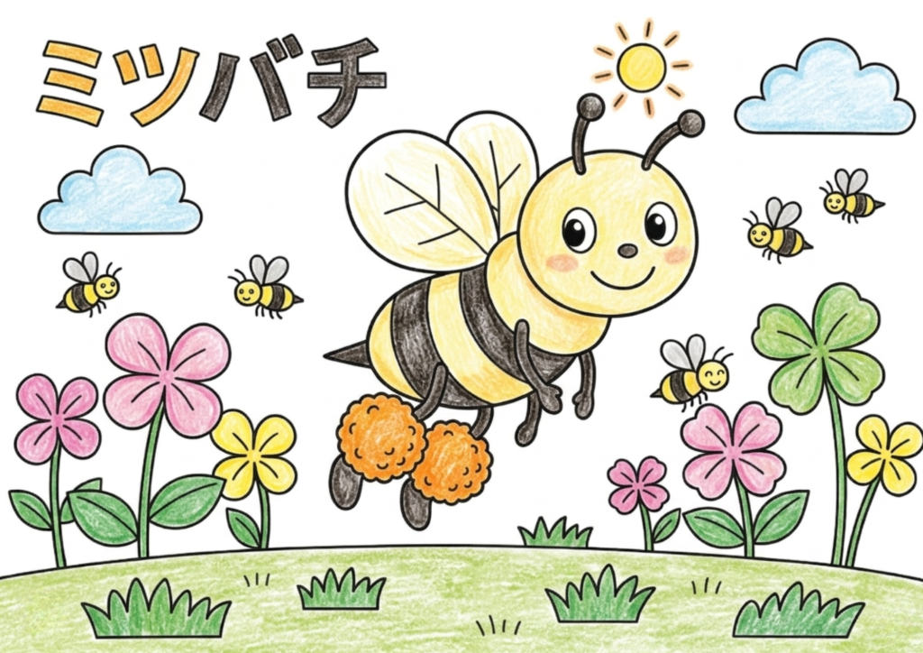 ミツバチ（蜜蜂）の塗り絵 カラー見本 花粉団子を持った働き蜂