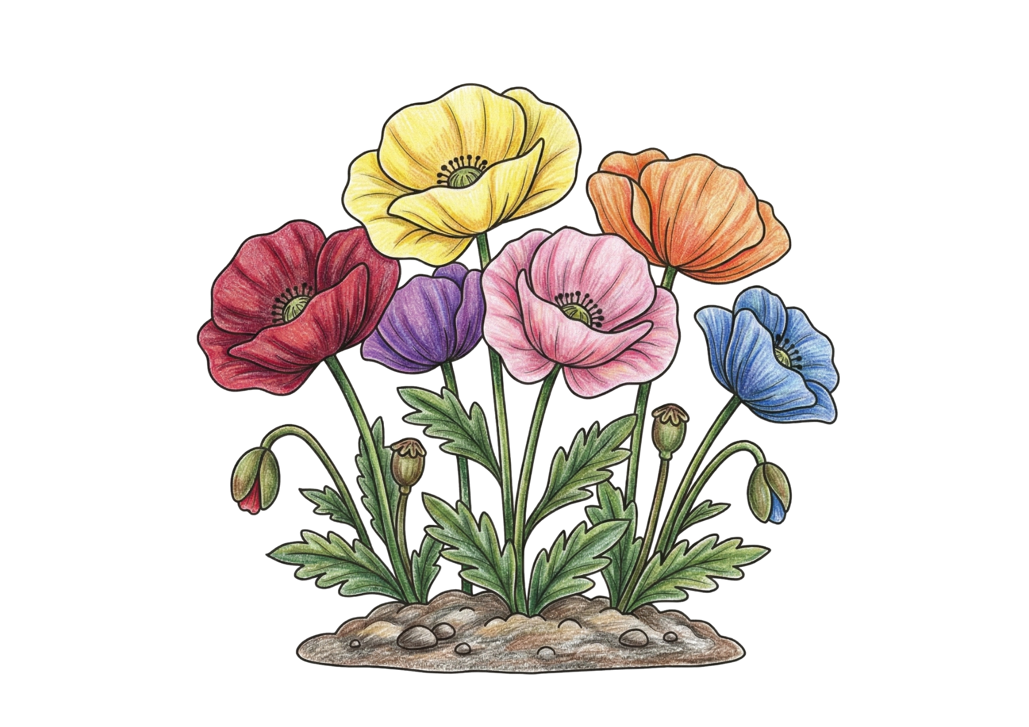 ポピーの花の塗り絵イラスト 無料ダウンロード 春の花 フリー画像素材 高齢者向け