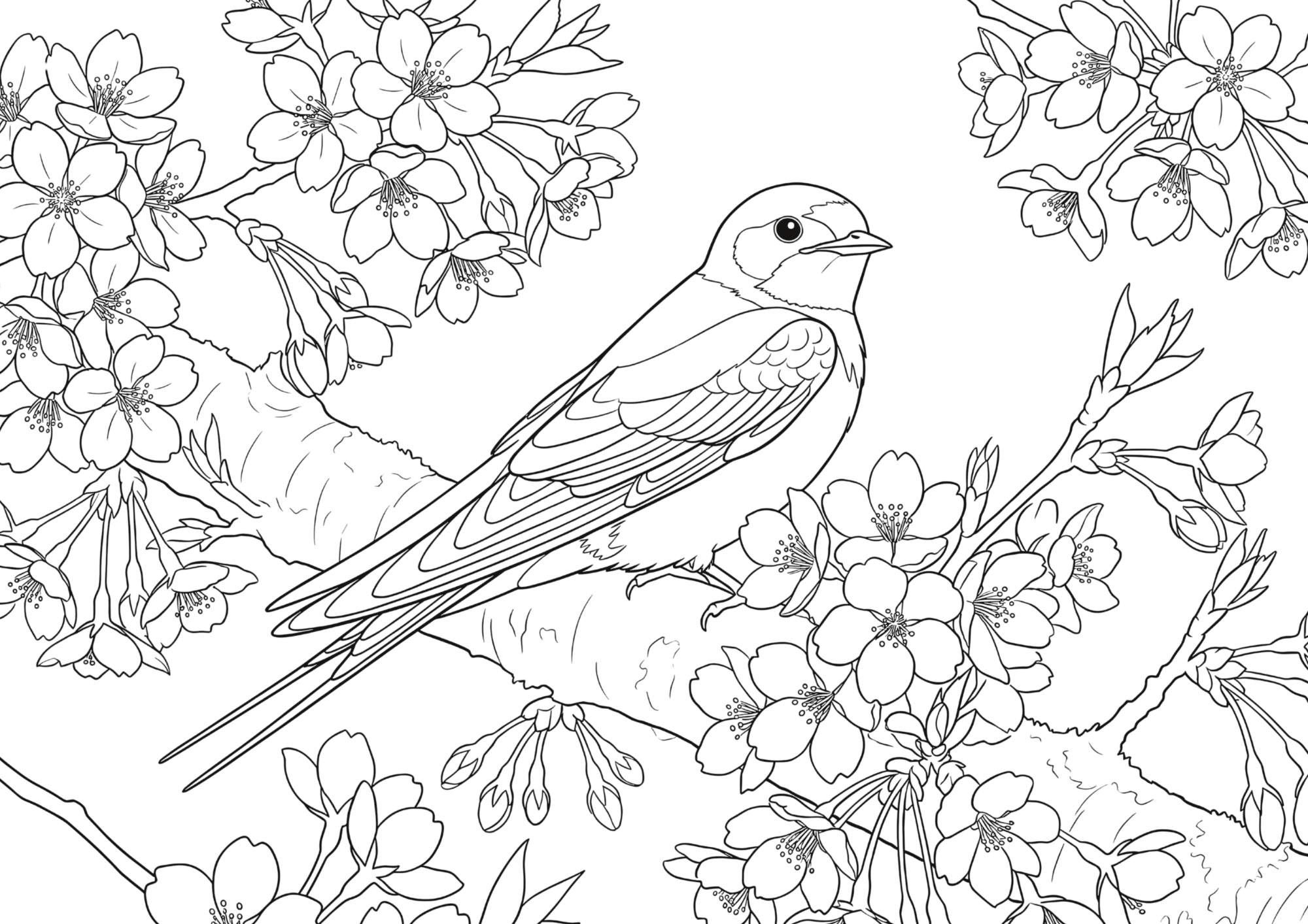 桜とつばめの白黒塗り絵イラスト｜無料ダウンロードできる大人向けフリー画像素材
