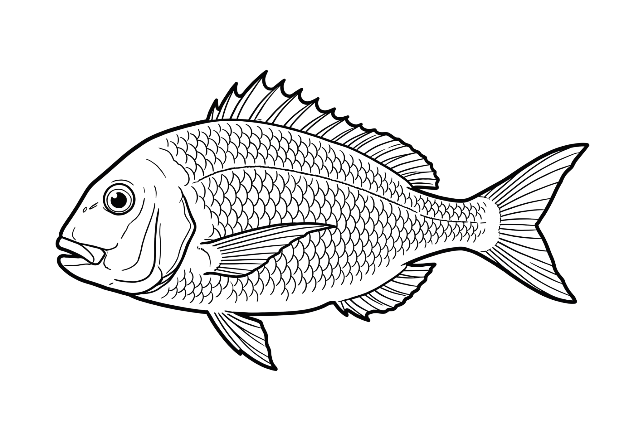 白黒線画の桜鯛塗り絵イラスト｜大人向け無料ダウンロードフリー画像素材