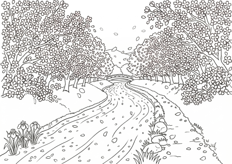 Cherry blossoms, river, and bridge coloring page - black and white line art, a riverside scene of cherry trees