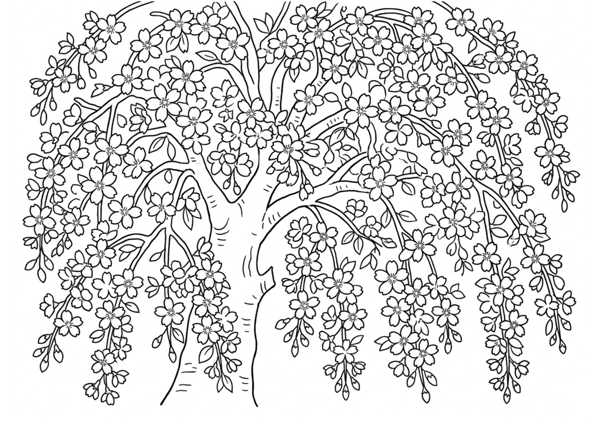 枝垂れ桜（シダレザクラ）の塗り絵 白黒線画 無料ダウンロード用