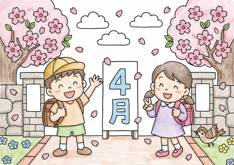 4月・入学式の塗り絵イラスト｜桜と子供 春の行事向け 無料ダウンロード（塗り絵フリー画像素材）