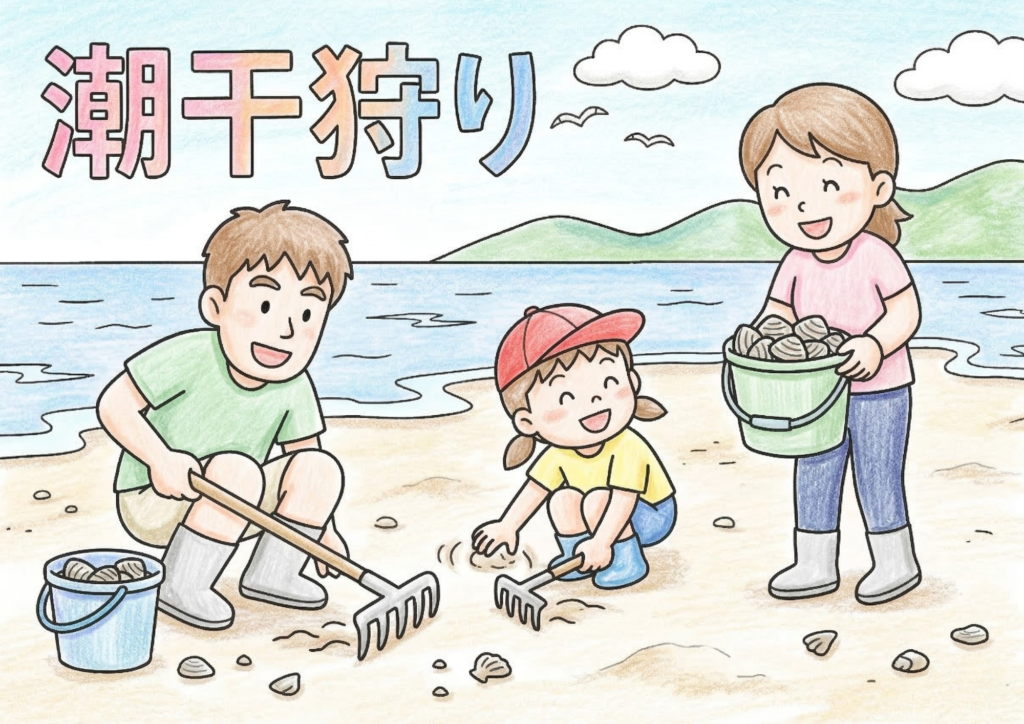 潮干狩りの塗り絵イラスト カラー見本 家族で貝拾い 春の海辺 4月5月