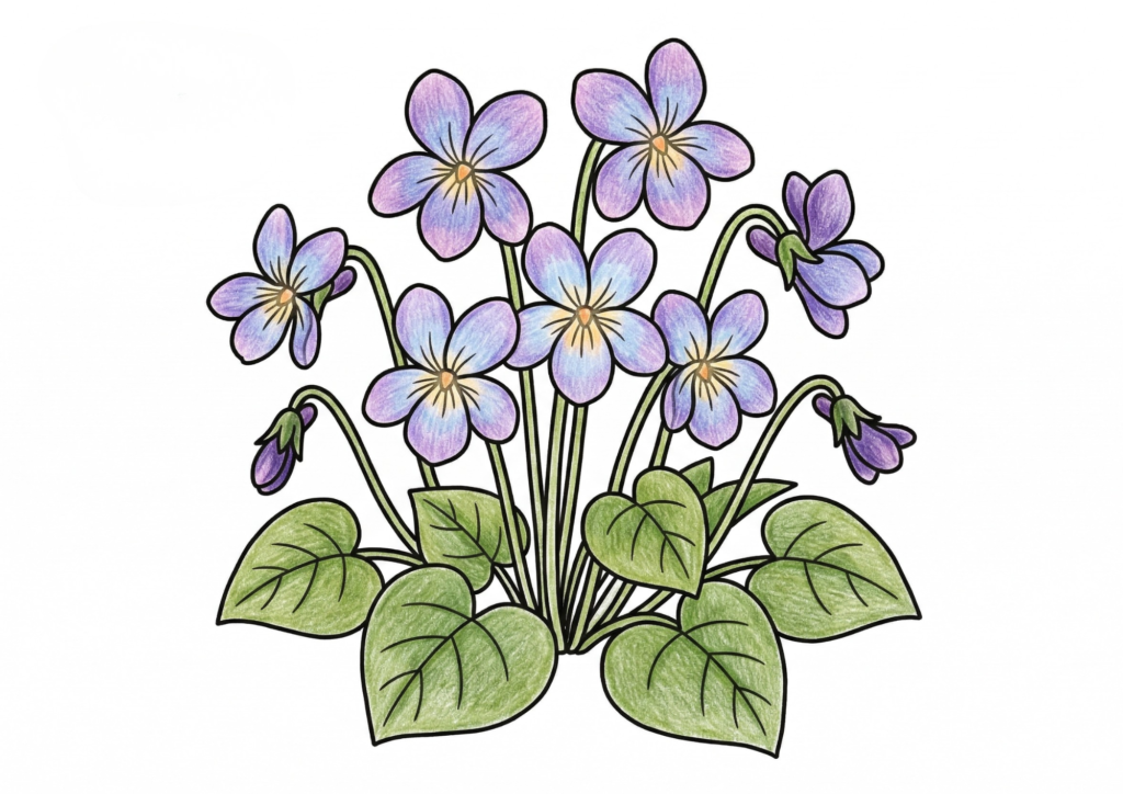 スミレ（菫）の塗り絵 カラー見本 春の野道に咲く淡い紫色の花