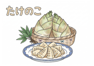 たけのこの塗り絵イラスト カラー見本 竹かごと皿盛り 春の食材 無料ダウンロード