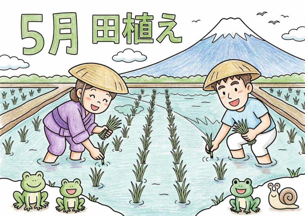 田植えの塗り絵イラスト カラー見本 富士山 田んぼ カエル 5月
