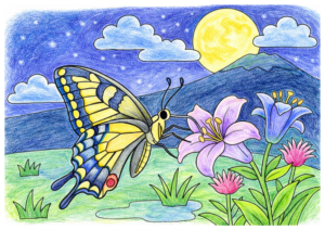 月夜のアゲハ蝶の塗り絵 カラー見本 大人向け