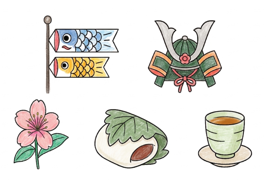 5月といえば？塗り絵イラスト カラー見本 鯉のぼり・兜・桜・柏餅・新茶 無料ダウンロード フリー画像素材