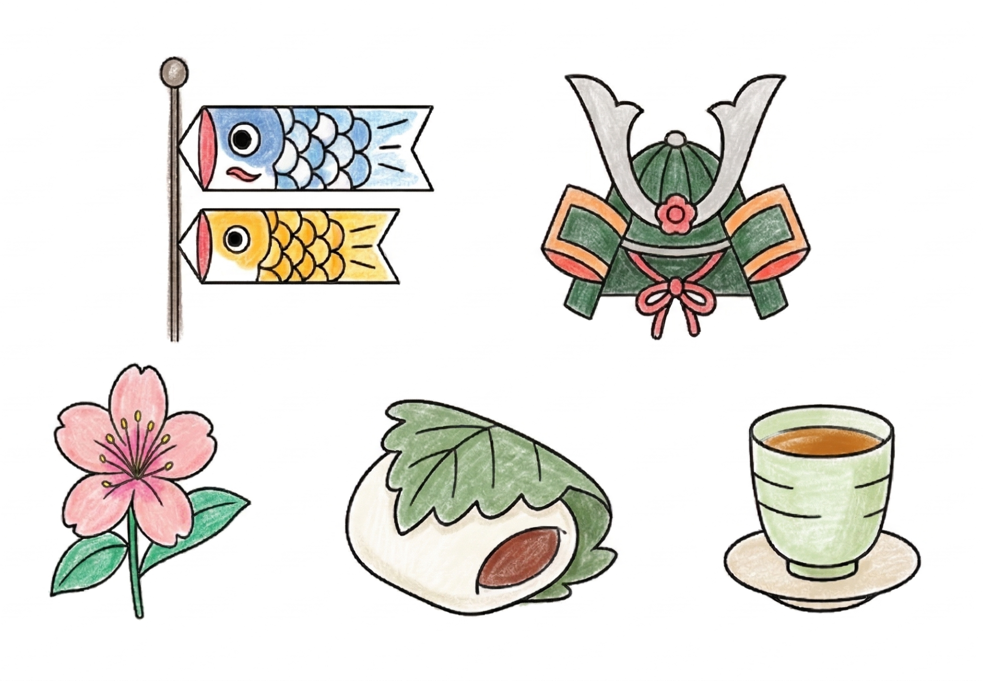 5月といえば?塗り絵イラスト カラー見本 鯉のぼり・兜・桜・柏餅・新茶 無料ダウンロード フリー画像素材