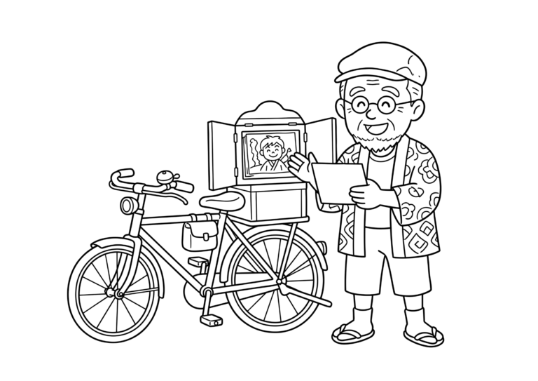 Kamishibai coloring page - black and white printable