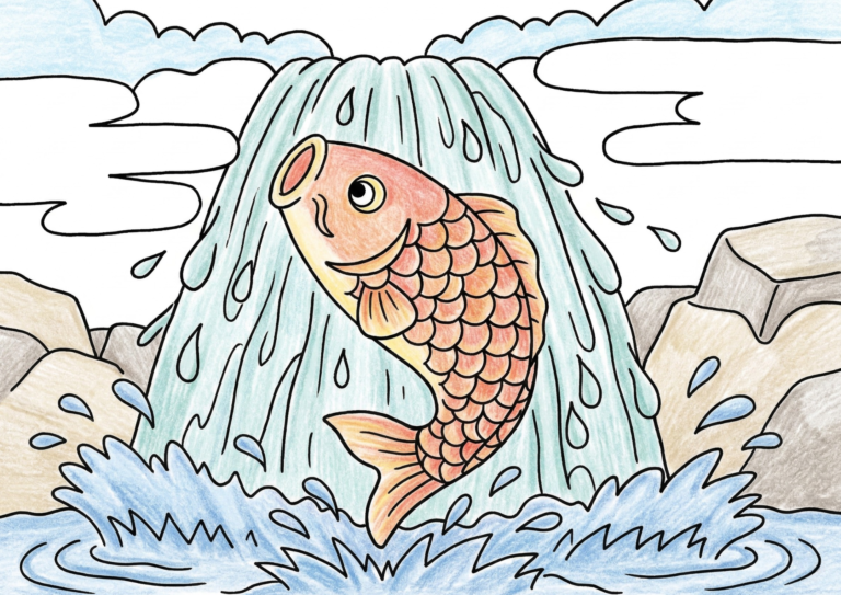 鯉の滝登りの塗り絵イラスト｜大人・高齢者向け 無料ダウンロード（塗り絵フリー画像素材）