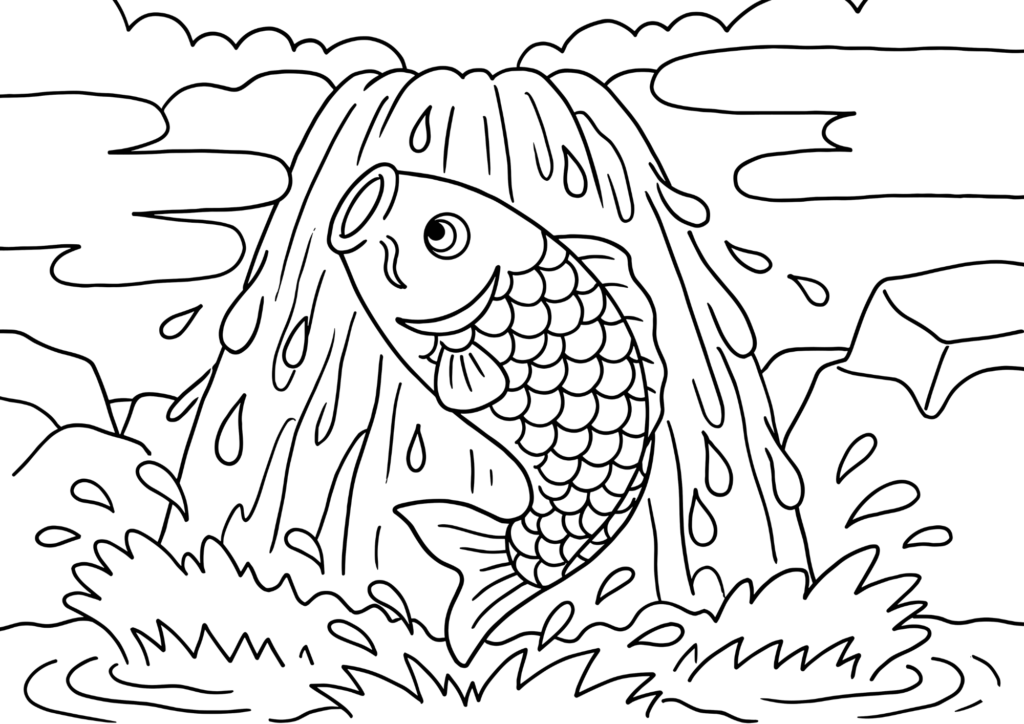 Koi climbing a waterfall coloring page, line art, free printable
