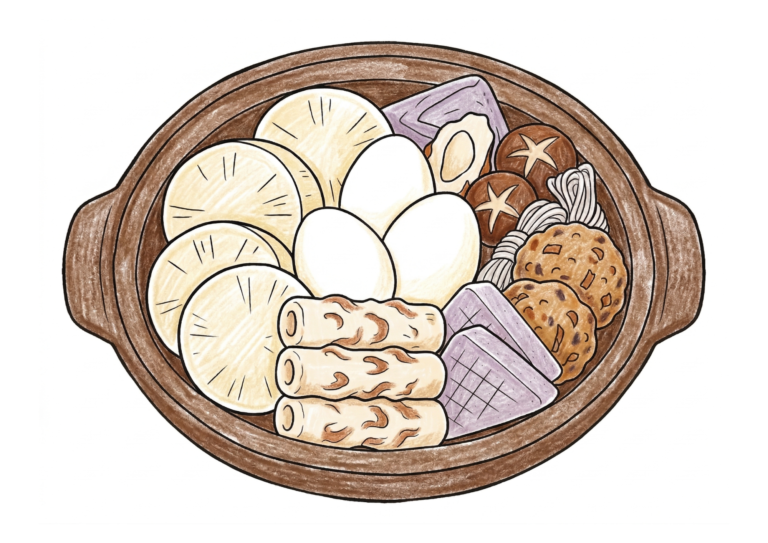 おでんの塗り絵イラスト｜大人・高齢者向け 無料ダウンロード（塗り絵フリー画像素材）