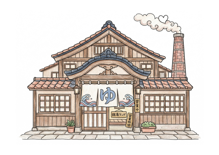 銭湯の塗り絵イラスト｜大人・高齢者向け 無料ダウンロード（塗り絵フリー画像素材）