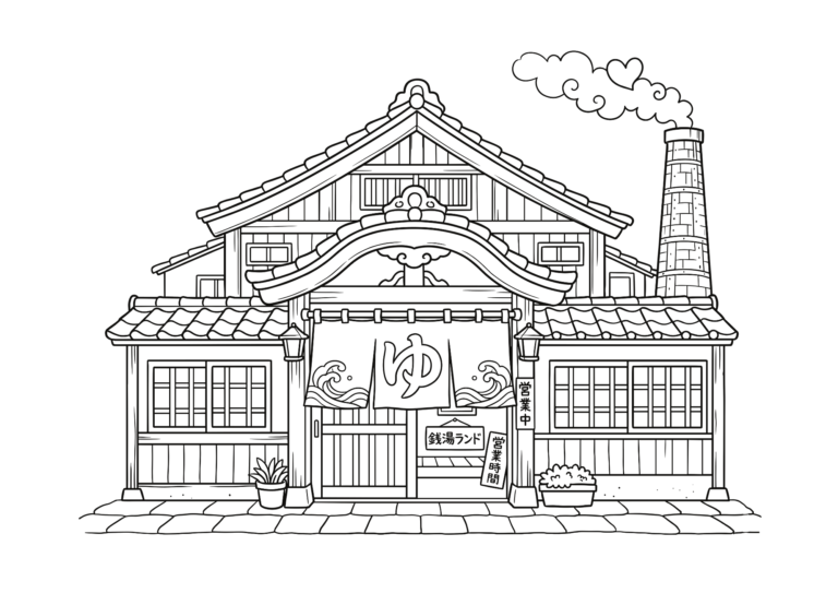 Sento bathhouse coloring page - black and white printable