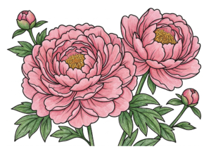 芍薬（しゃくやく）の塗り絵イラスト カラー見本 無料 ぬりえ