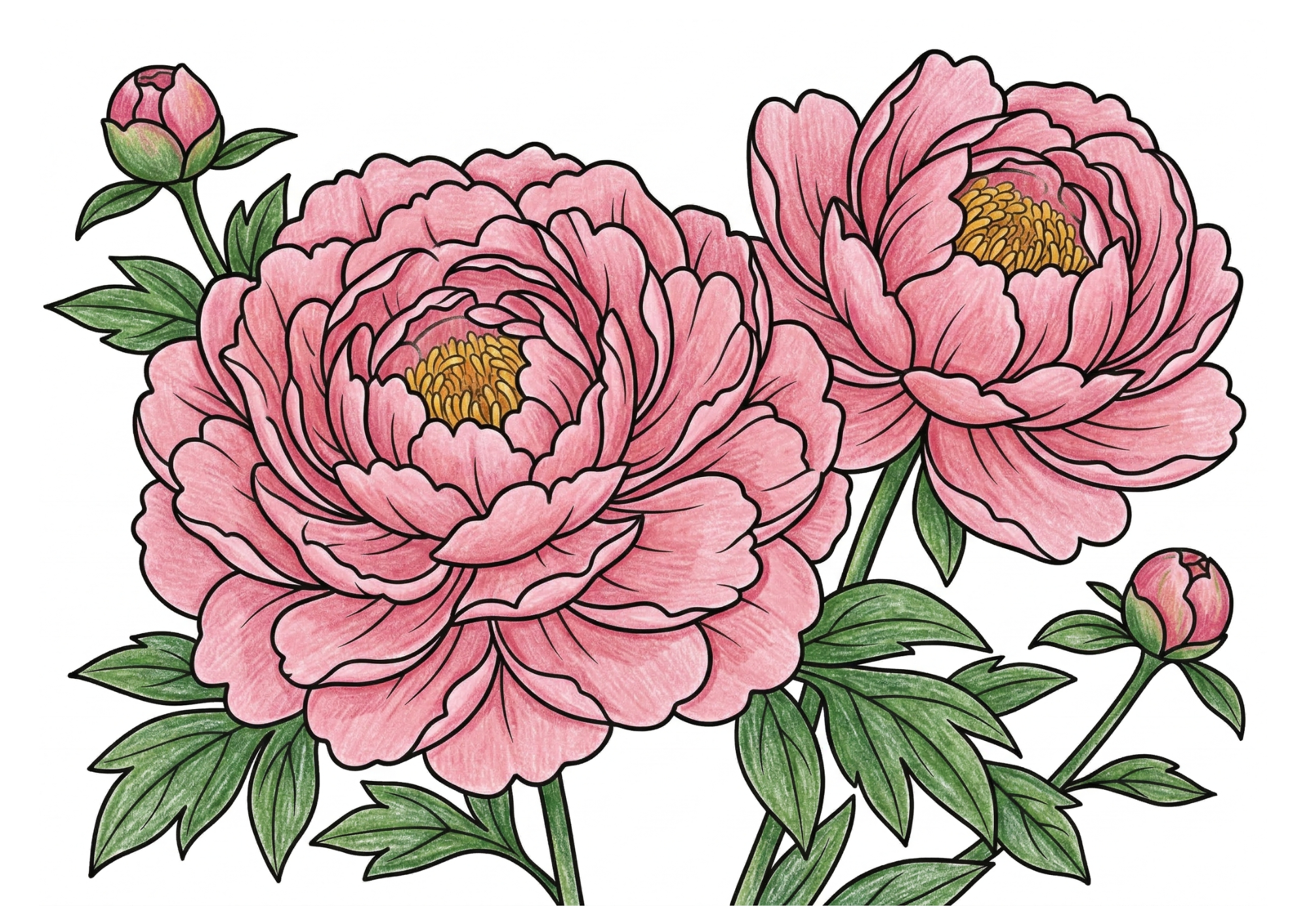 芍薬（しゃくやく）の塗り絵イラスト カラー見本 無料 ぬりえ