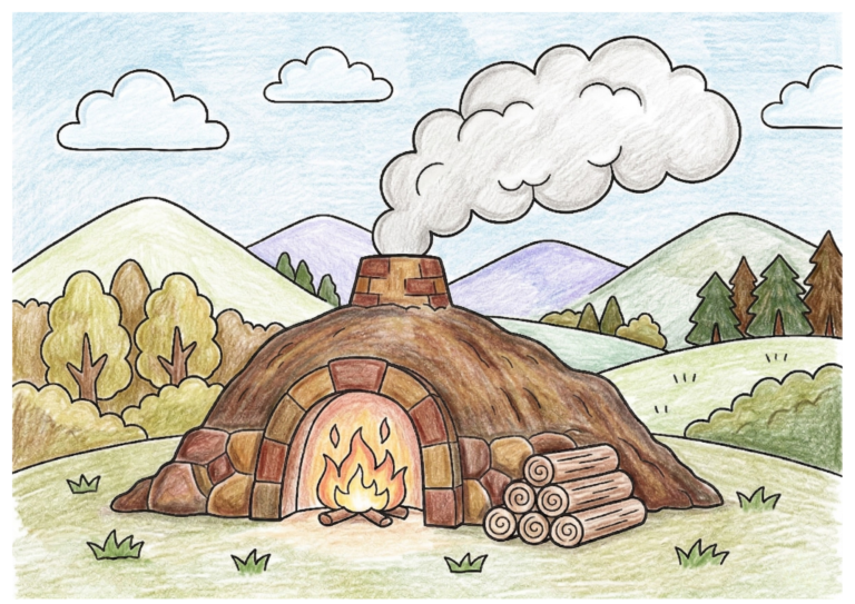 炭焼き小屋の塗り絵イラスト｜大人・高齢者向け 無料ダウンロード（塗り絵フリー画像素材）