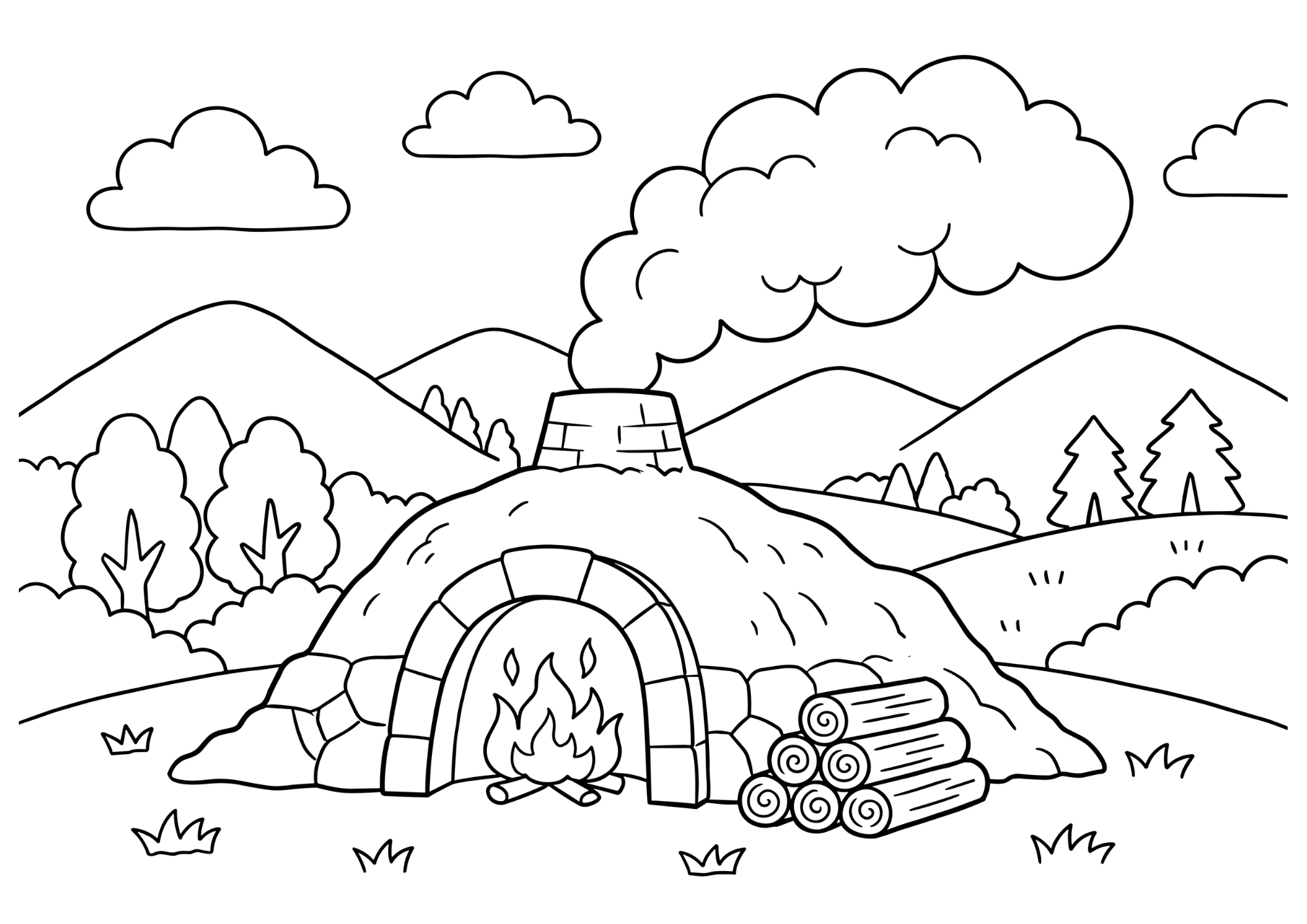 炭焼き小屋の塗り絵 白黒 無料印刷用