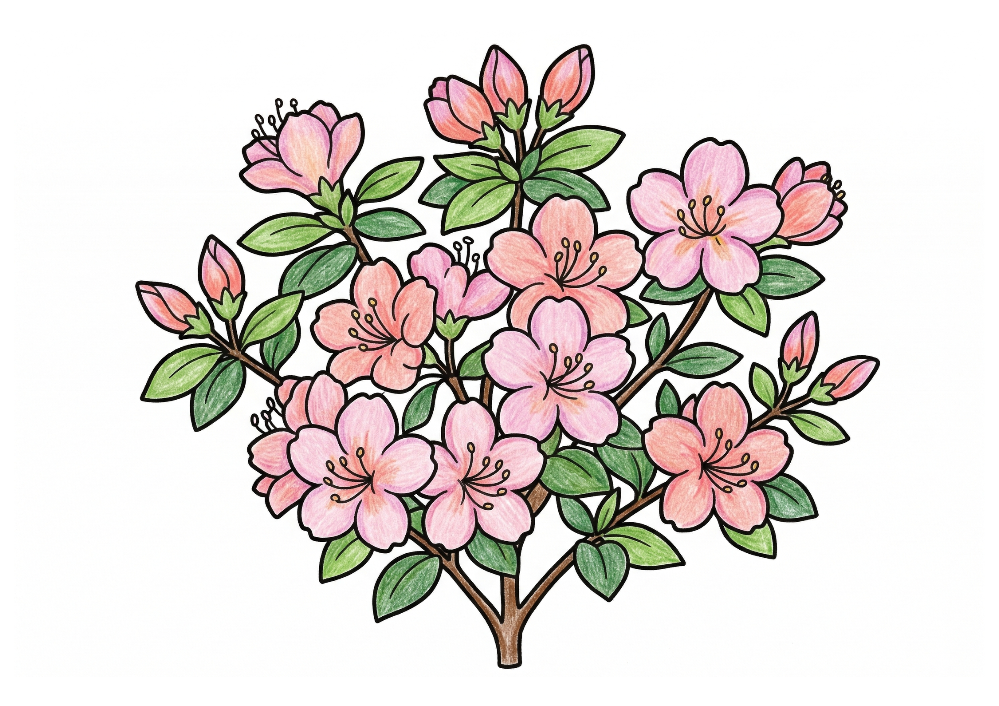 ツツジ（躑躅）の塗り絵イラスト カラー見本 ピンクの花と蕾 無料ダウンロード フリー画像素材