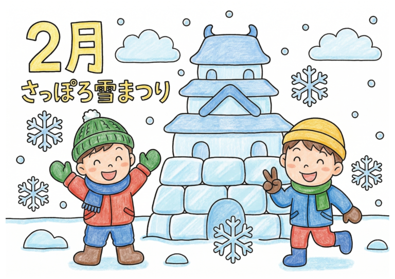 雪まつりの塗り絵イラスト｜大人・高齢者向け 無料ダウンロード（塗り絵フリー画像素材）
