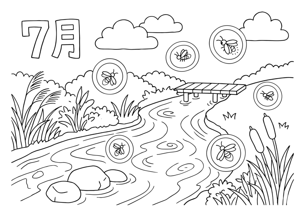 蛍(7月)の塗り絵 白黒 無料印刷用