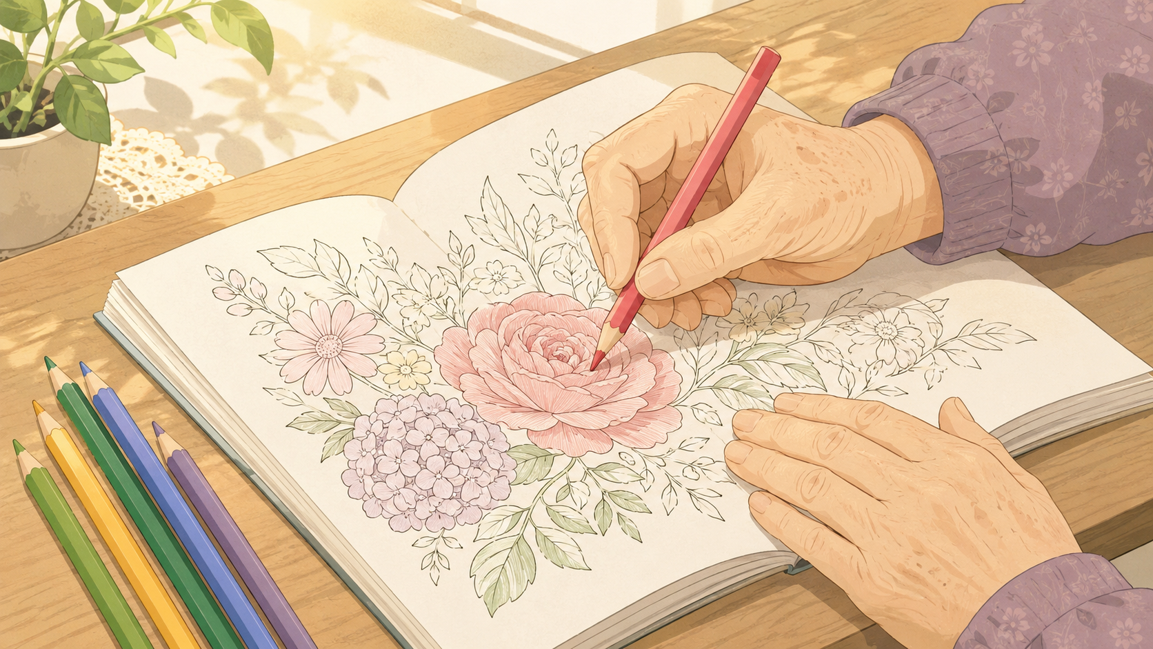 色鉛筆で丁寧に塗り絵をするおばあちゃんの手元のイラスト