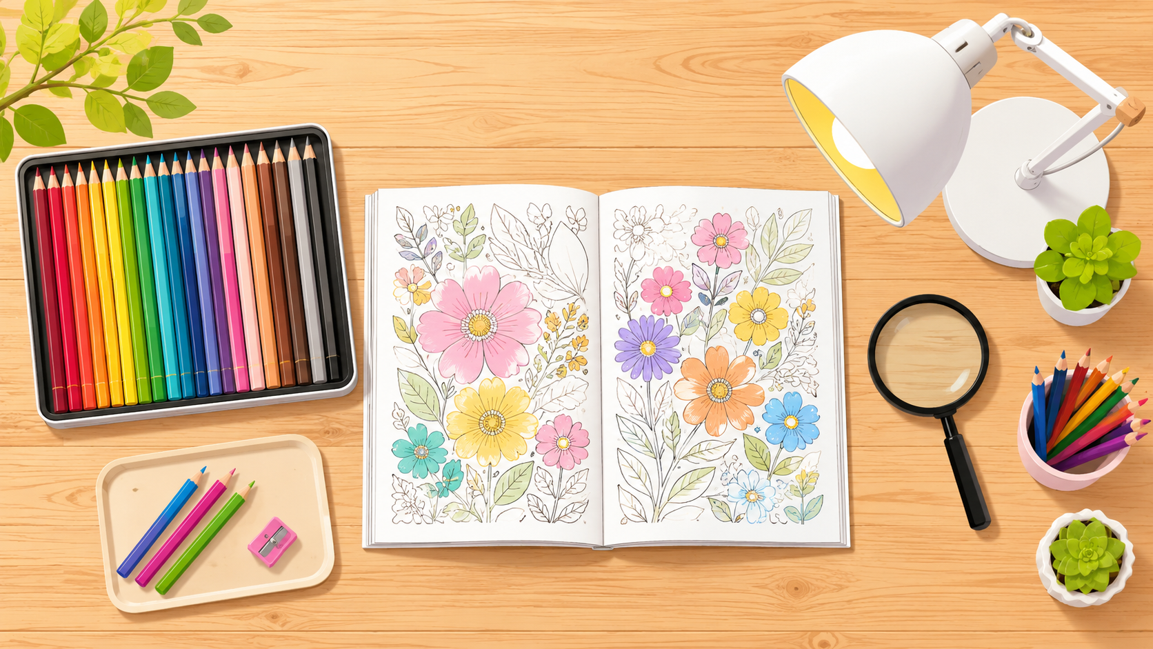 塗り絵を始めるための道具一式が並んだテーブルのイラスト