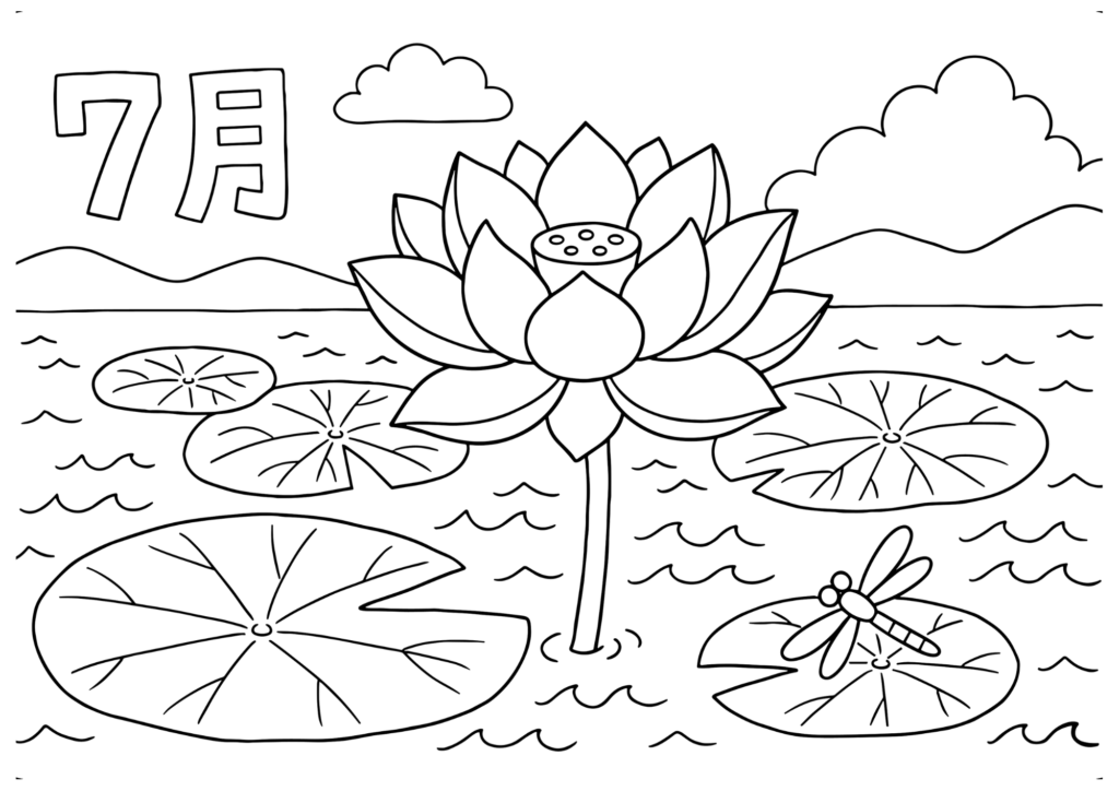 ハス(蓮)の塗り絵 白黒 印刷用