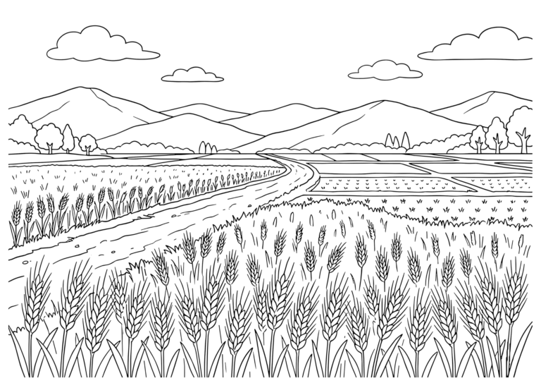 Wheat field countryside coloring page - black and white printable