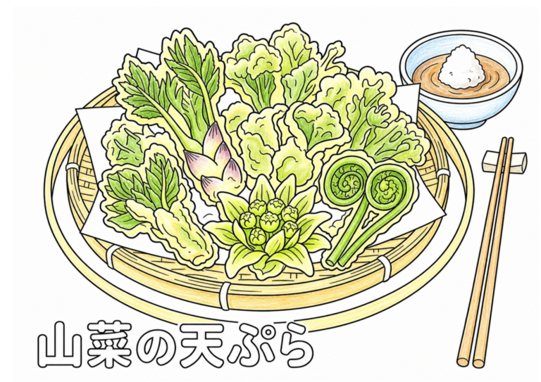 山菜の天ぷらの塗り絵イラスト｜大人・高齢者向け 無料ダウンロード（塗り絵フリー画像素材）