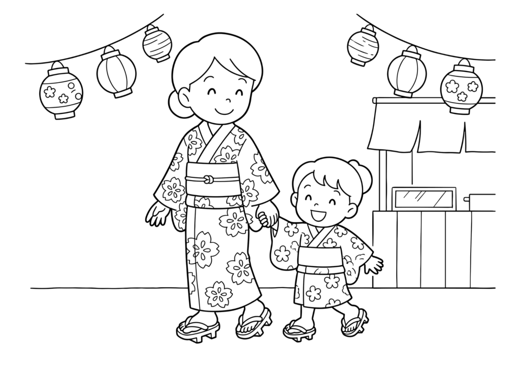 浴衣で夏祭りの塗り絵 白黒 印刷用