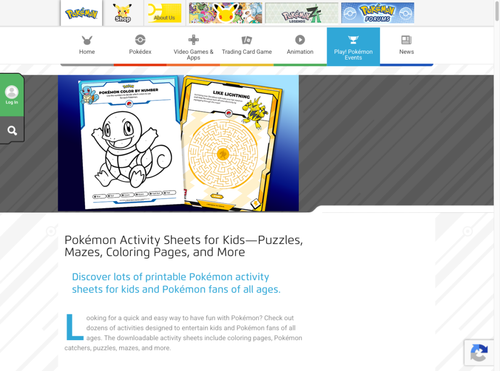 英語公式 Pokémon Printable Activities のスクリーンショット