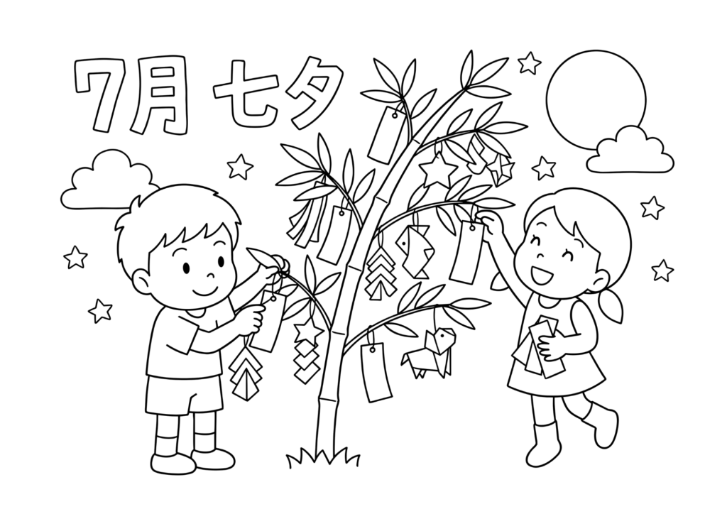 七夕の飾り付け 白黒 無料印刷用