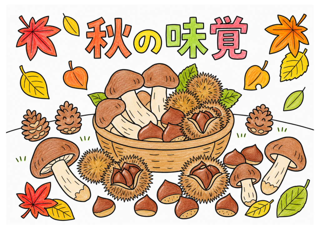 秋の味覚、栗ときのこの塗り絵 カラー見本