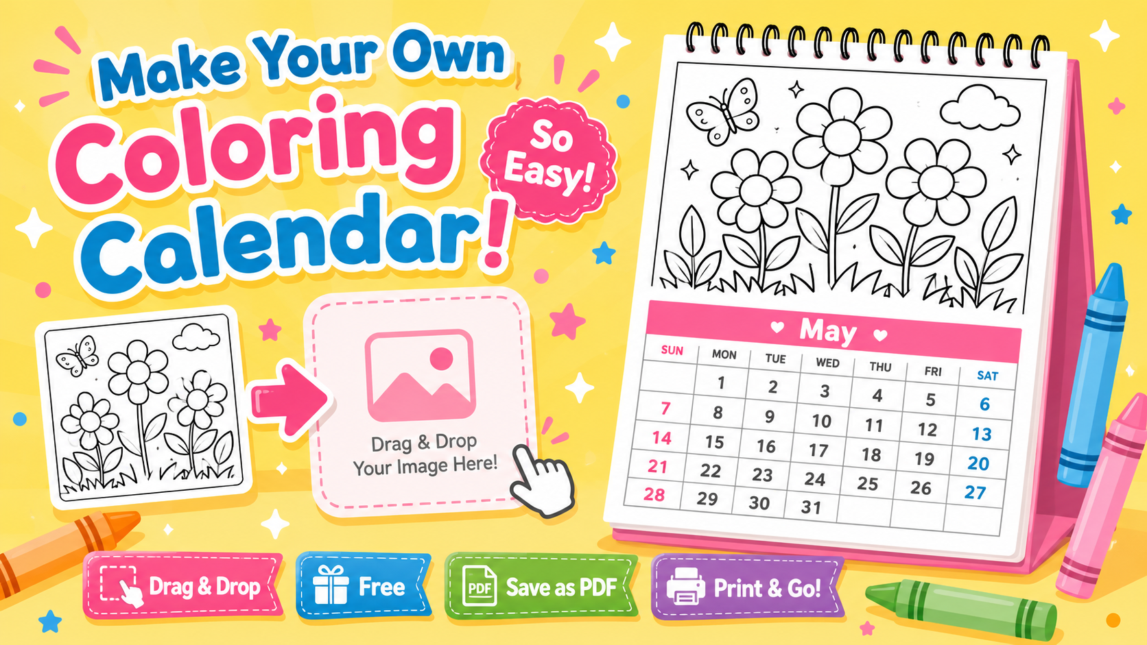 Coloring Calendar Maker - free printable tool to combine coloring pages with monthly calendars