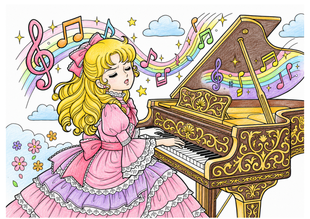 ピアノを弾くプリンセスの塗り絵 カラー見本