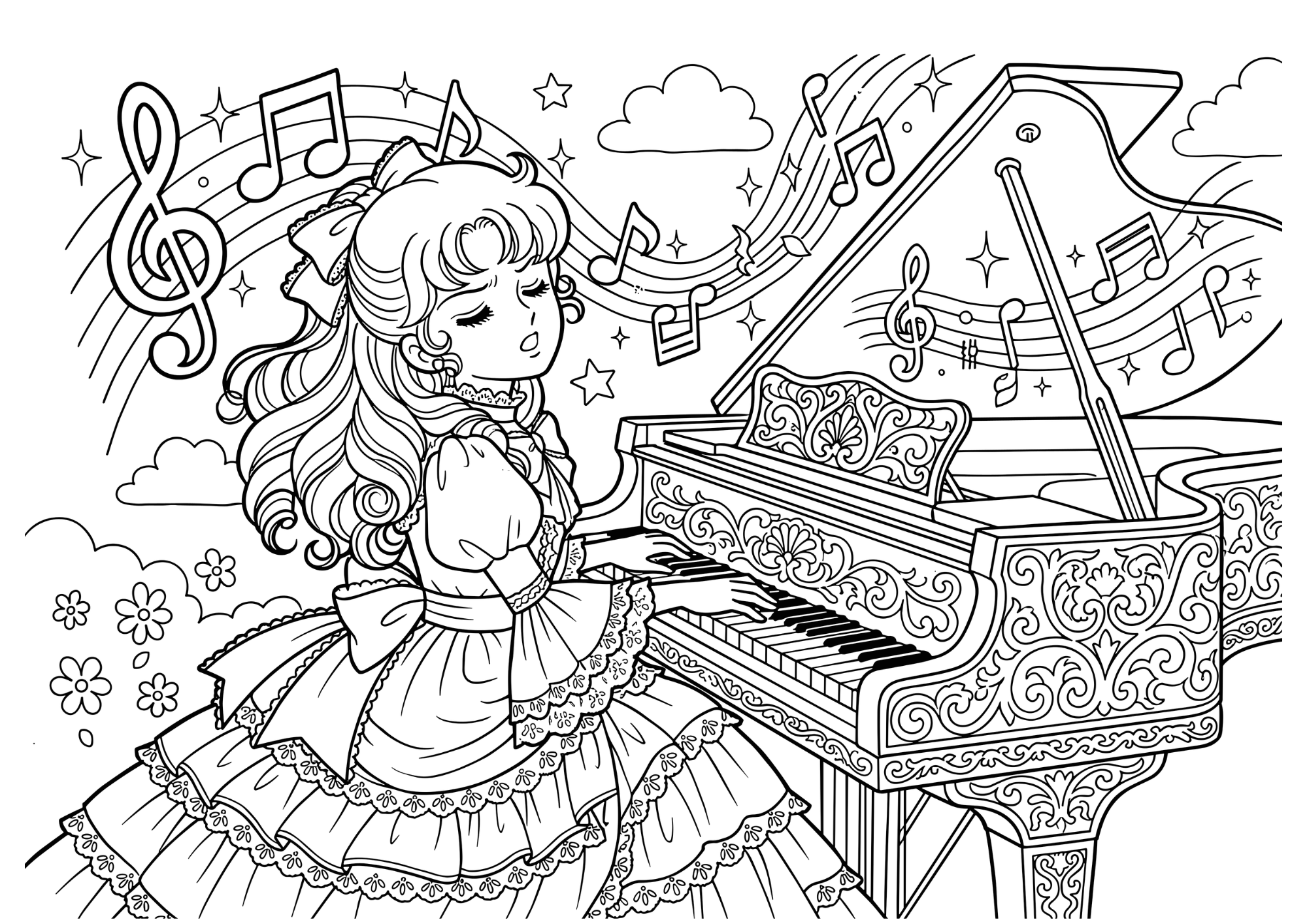 ピアノを弾くプリンセスの塗り絵 白黒 印刷用