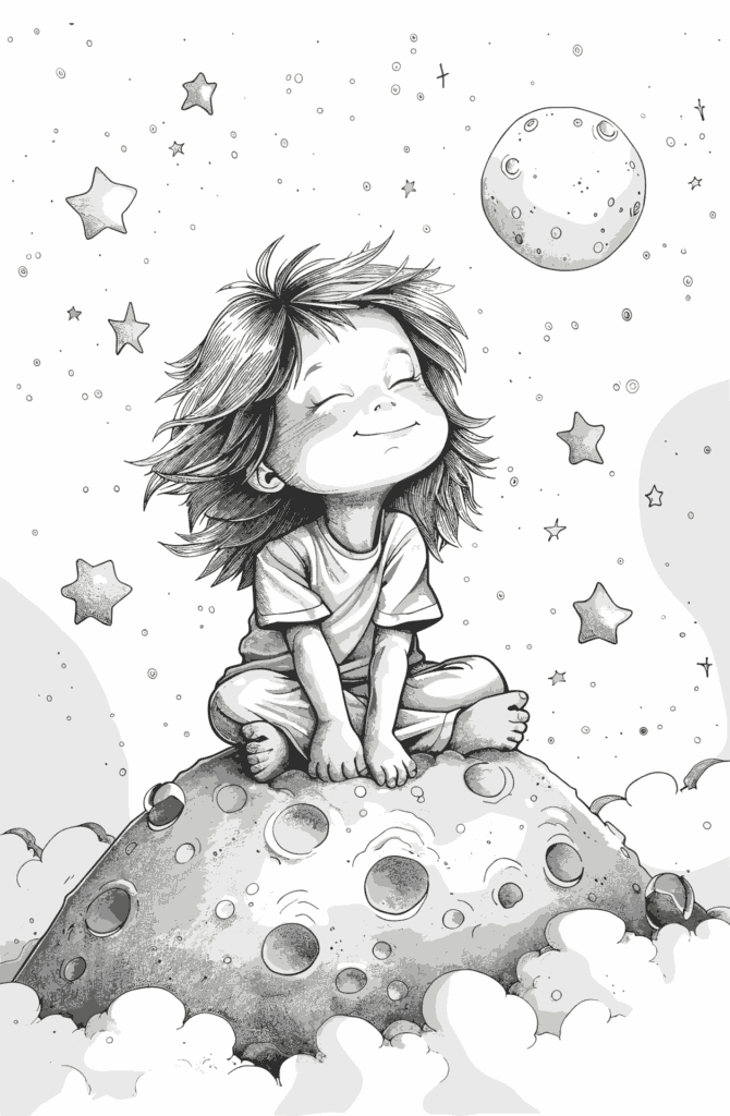 宇宙で微笑む女の子の無料塗り絵 プリントしてダウンロードできます