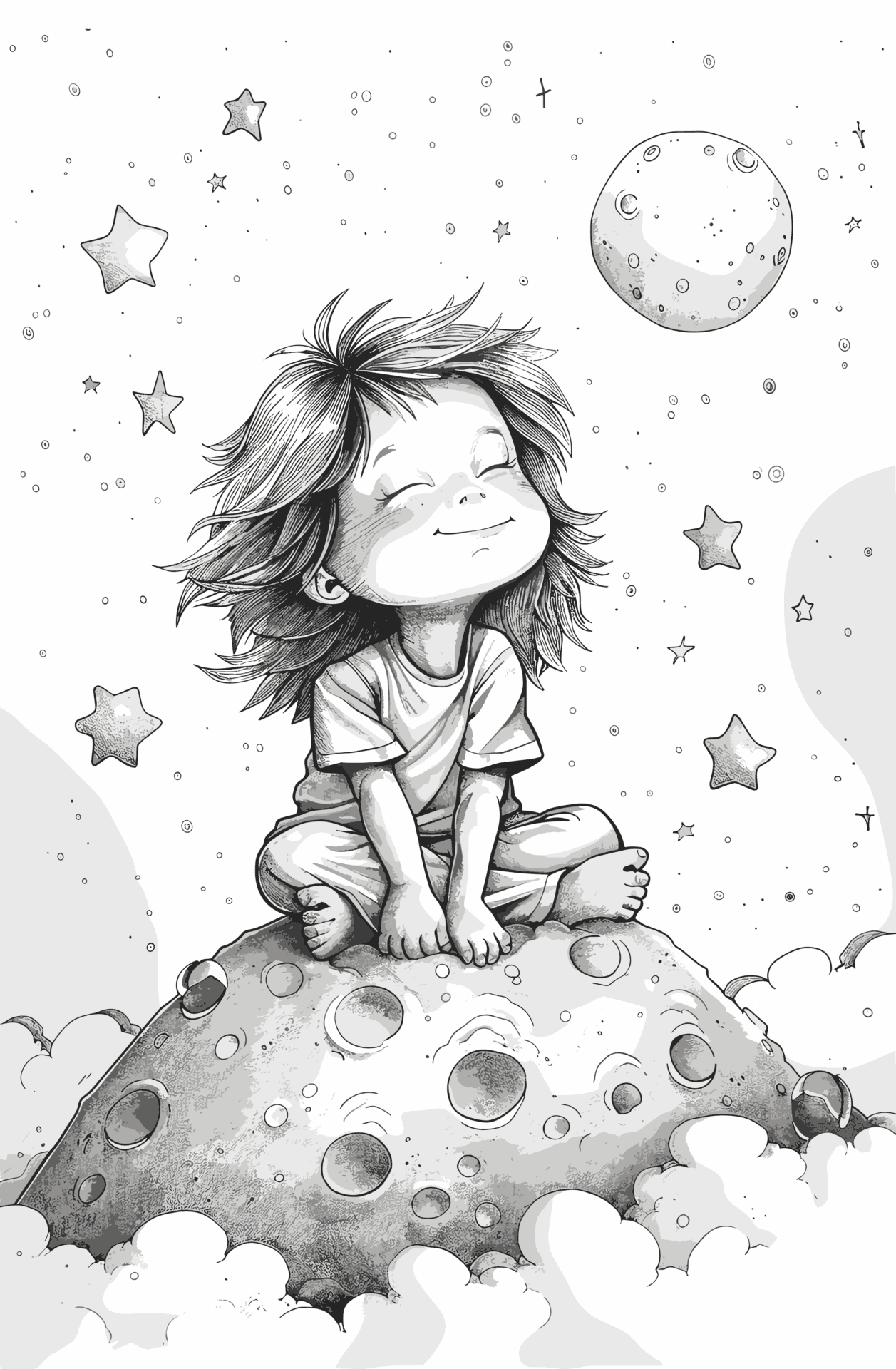 宇宙で微笑む女の子の無料塗り絵 プリントしてダウンロードできます