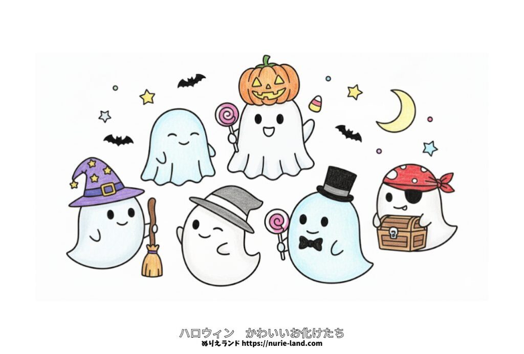 かわいいお化けの塗り絵イラスト カラー見本（無料・印刷OK）