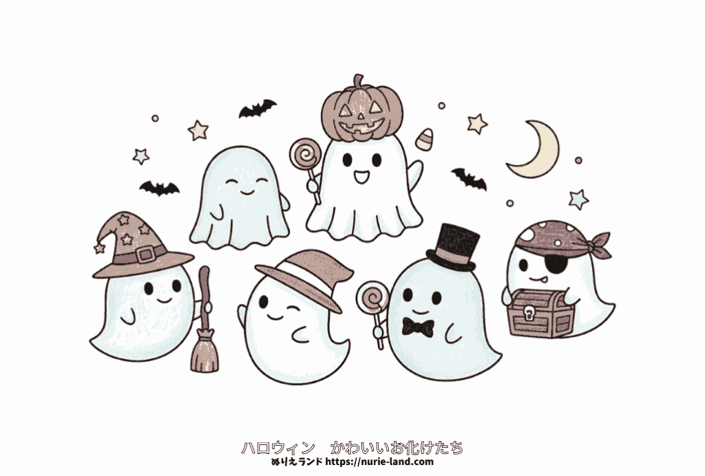 かわいいお化けの塗り絵｜子供向け／ハロウィン／簡単で楽しい／無料ダウンロード素材