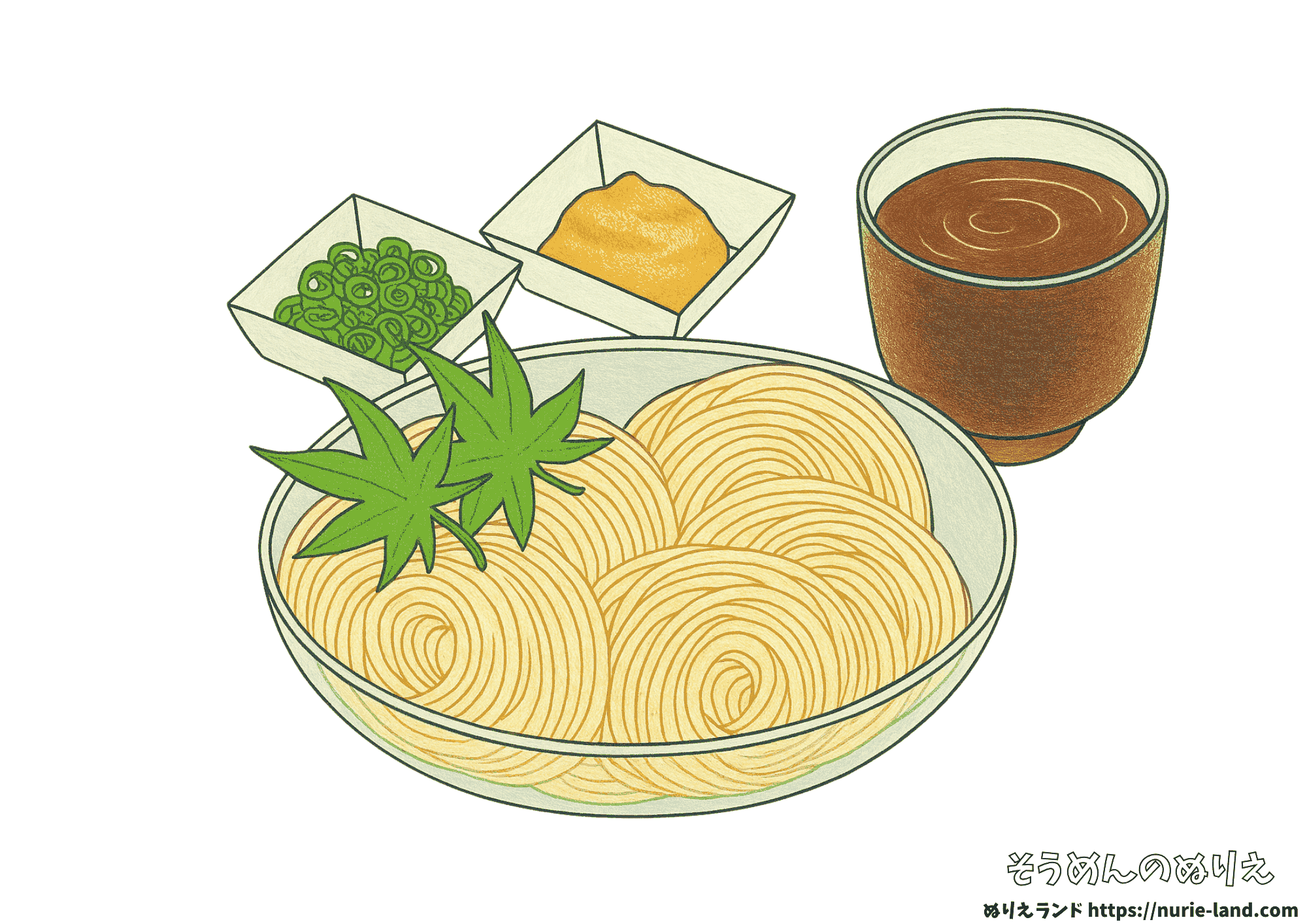 見本付き!素麺の塗り絵|高齢者向け夏の無料素材(7月・8月の季節行事にも)