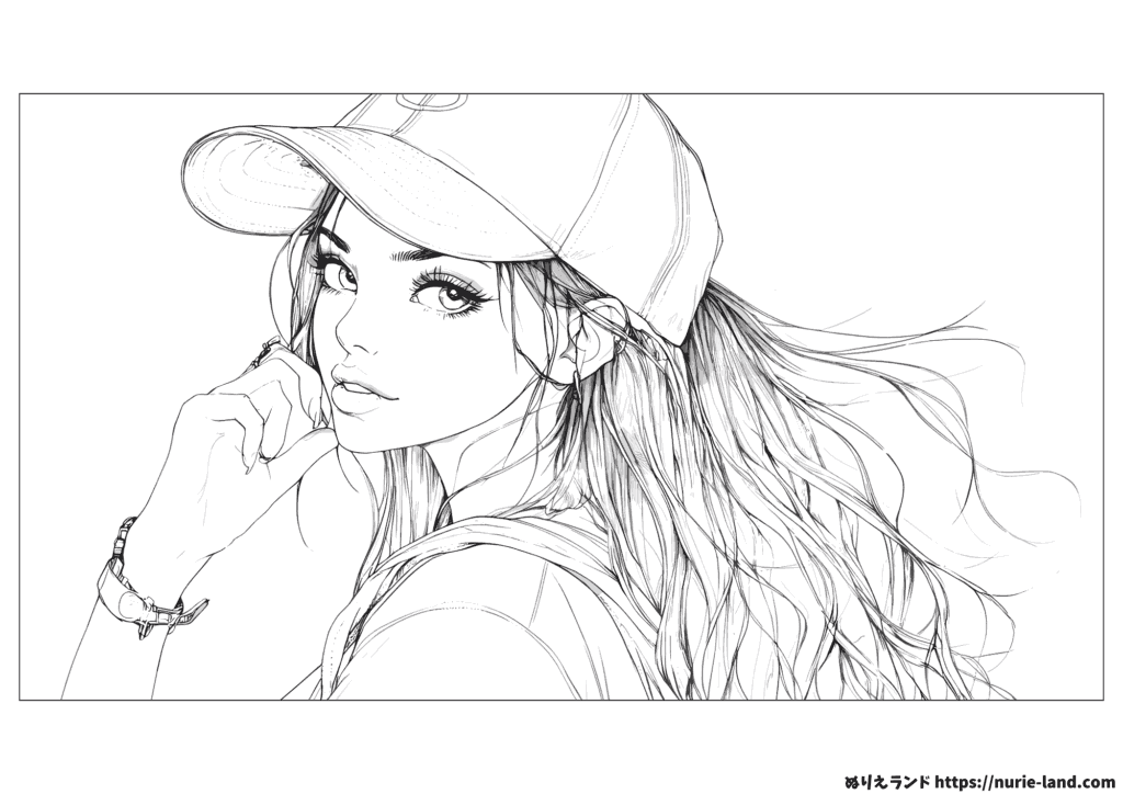 キャップ×ポニーテール女子の塗り絵｜かっこいい女の子を無料プリント！