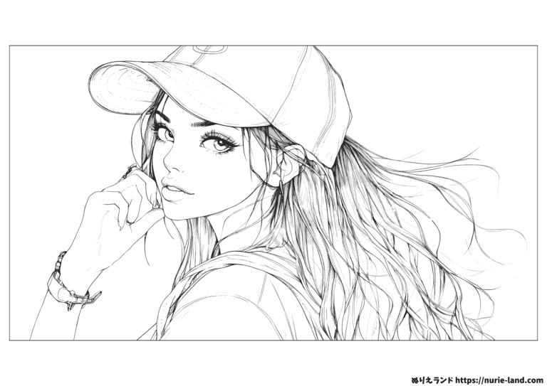 キャップ×ポニーテール女子の塗り絵イラスト 白黒(無料・印刷用)